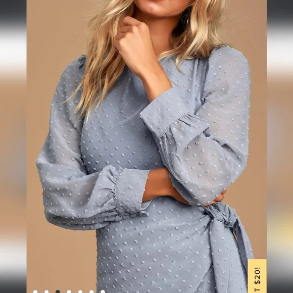 Lulu's Much Love Light Blue Swiss Dot Long Sleeve Tie-Front Mini Dress - Picture 2 of 8